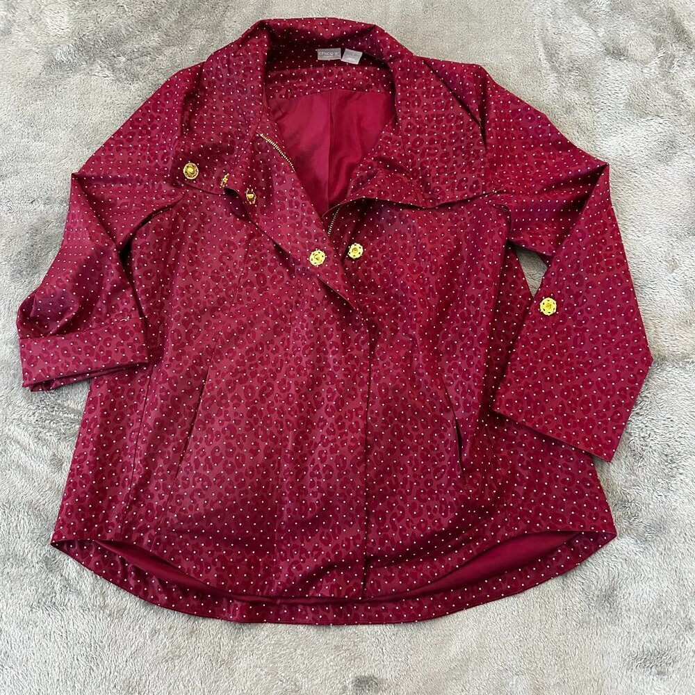 Chico's Zenergy Red Polka Dot Animal Print Jacket 1 MEDIUM 8/10 Roll Tab Sleeve